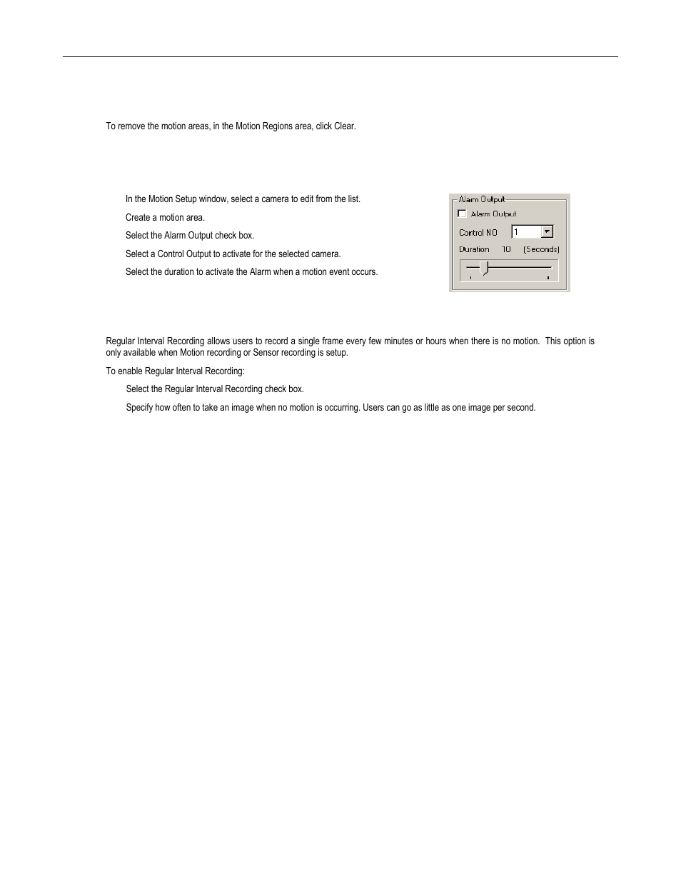 Removing a motion area, Activating an alarm on a motion event, Regular interval recording | Toshiba SURVELILLIX HVR32-X User Manual | Page 54 / 135