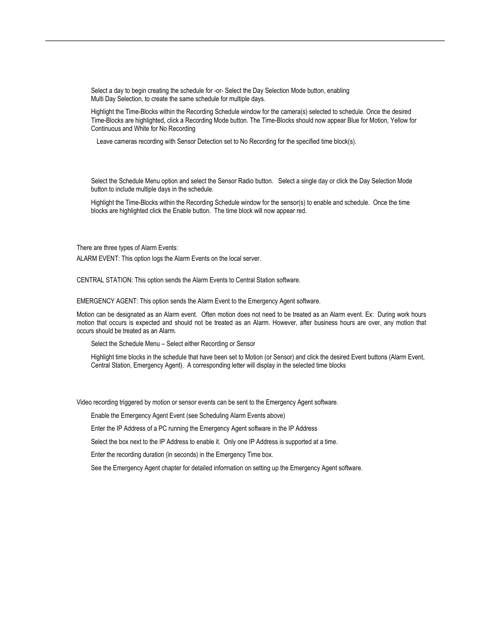 Create a recording schedule, Create a sensor schedule, Scheduling alarm events | Emergency agent schedule | Toshiba SURVELILLIX HVR32-X User Manual | Page 61 / 135