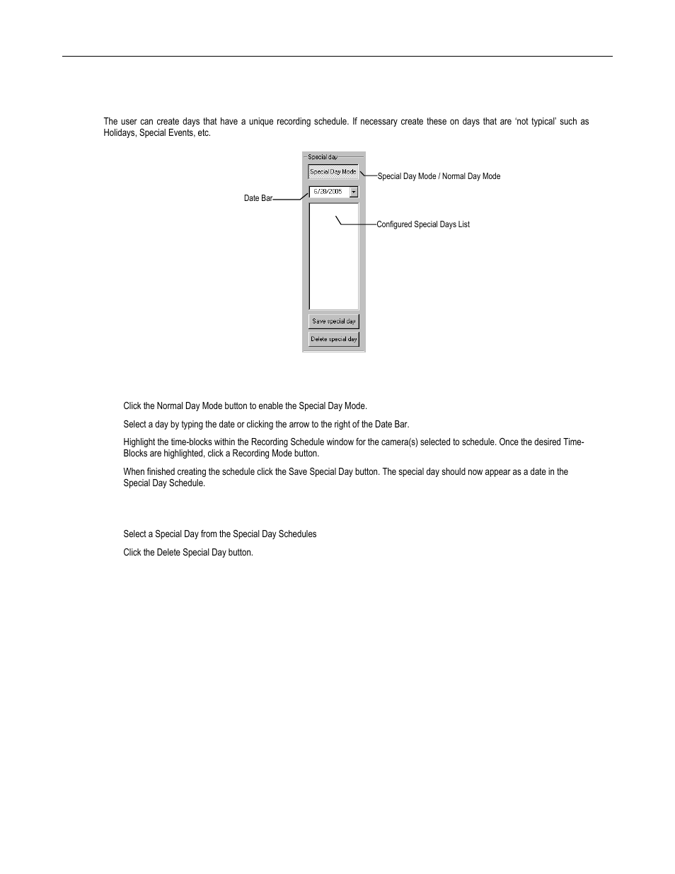 Special day schedule, Creating/editing a ‘special day’ schedule, Deleting a ‘special day’ schedule | Toshiba SURVELILLIX HVR32-X User Manual | Page 62 / 135