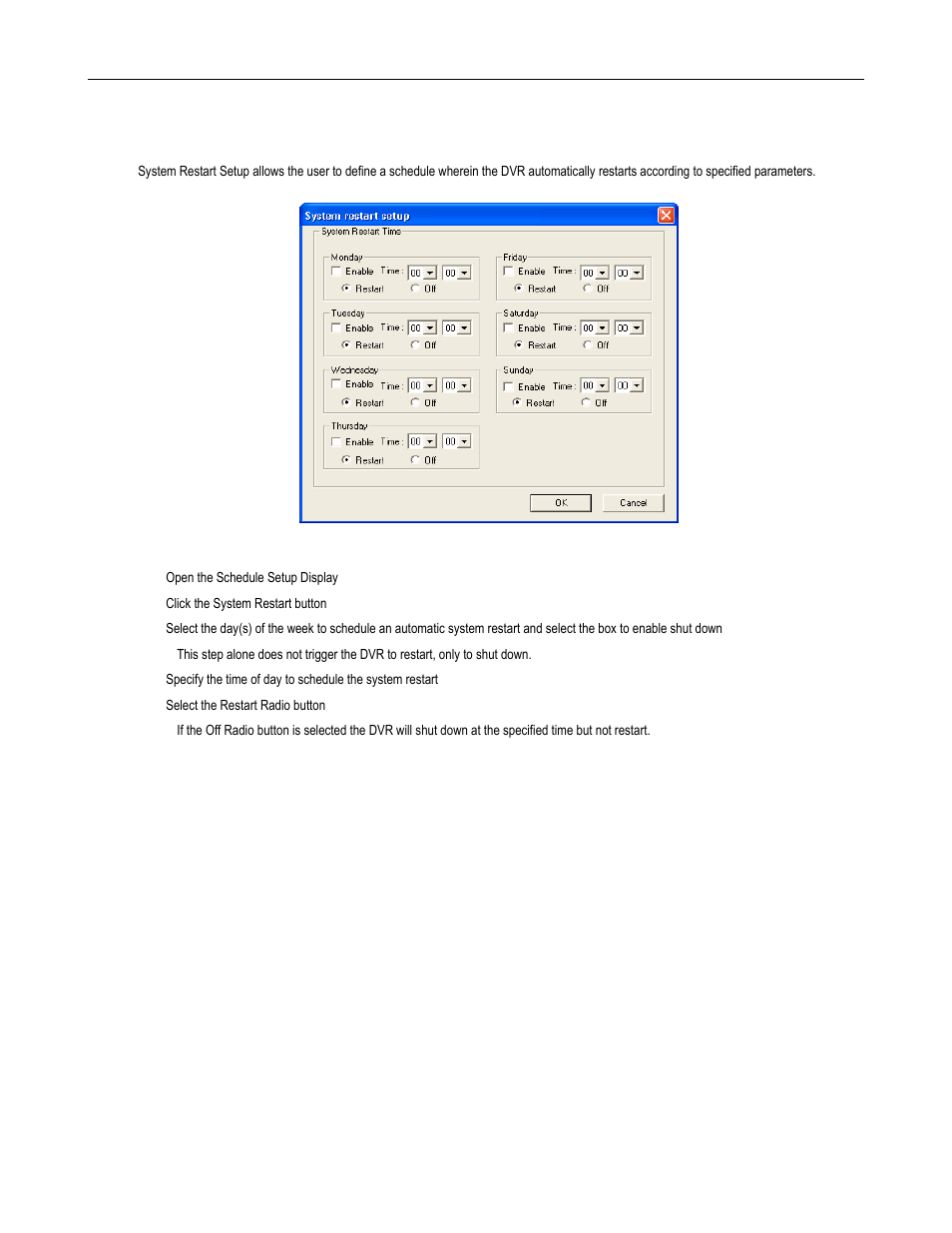 System restart setup, Create system restart schedule | Toshiba SURVELILLIX HVR32-X User Manual | Page 63 / 135
