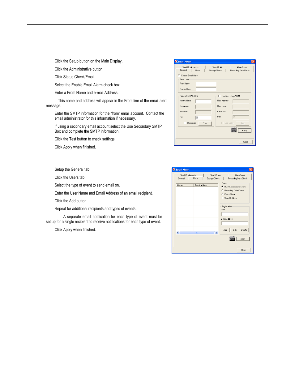 Status check / email, General, Users | Toshiba SURVELILLIX HVR32-X User Manual | Page 76 / 135