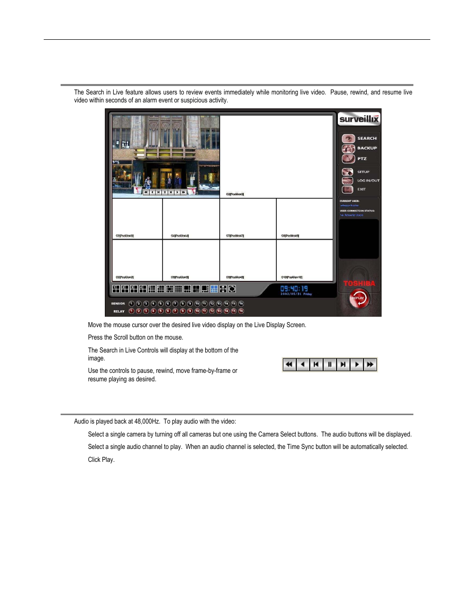 Search in live, Audio playback | Toshiba SURVELILLIX HVR32-X User Manual | Page 90 / 135