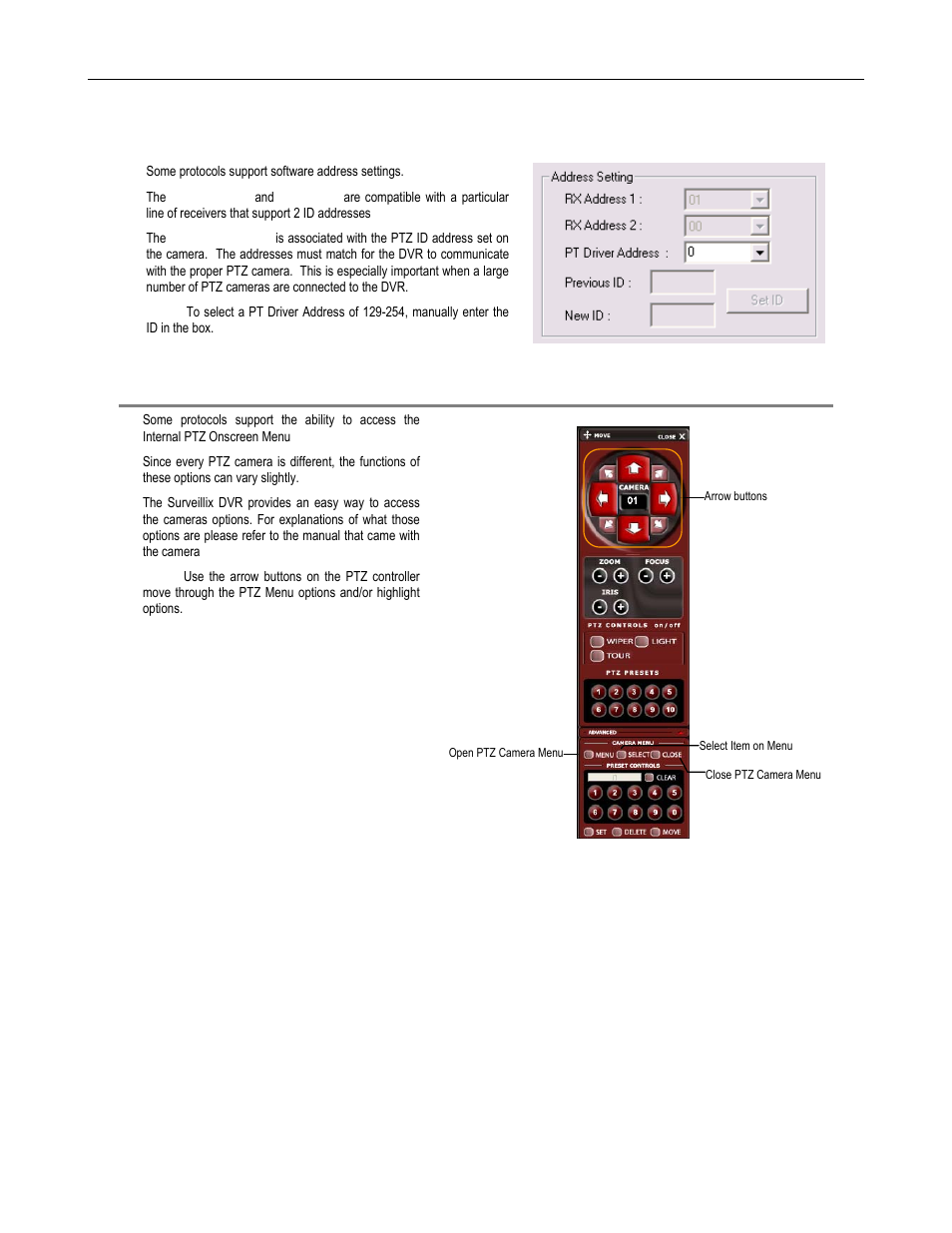 Accessing ptz menus, Ptz address settings | Toshiba SURVELILLIX HVR32-X User Manual | Page 94 / 135