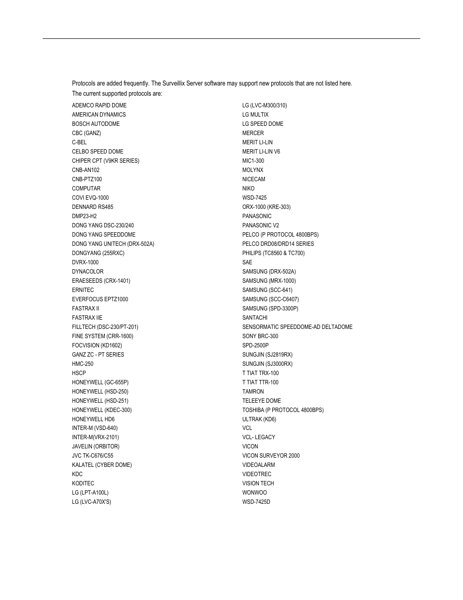 Supported protocols | Toshiba SURVELILLIX HVR32-X User Manual | Page 98 / 135