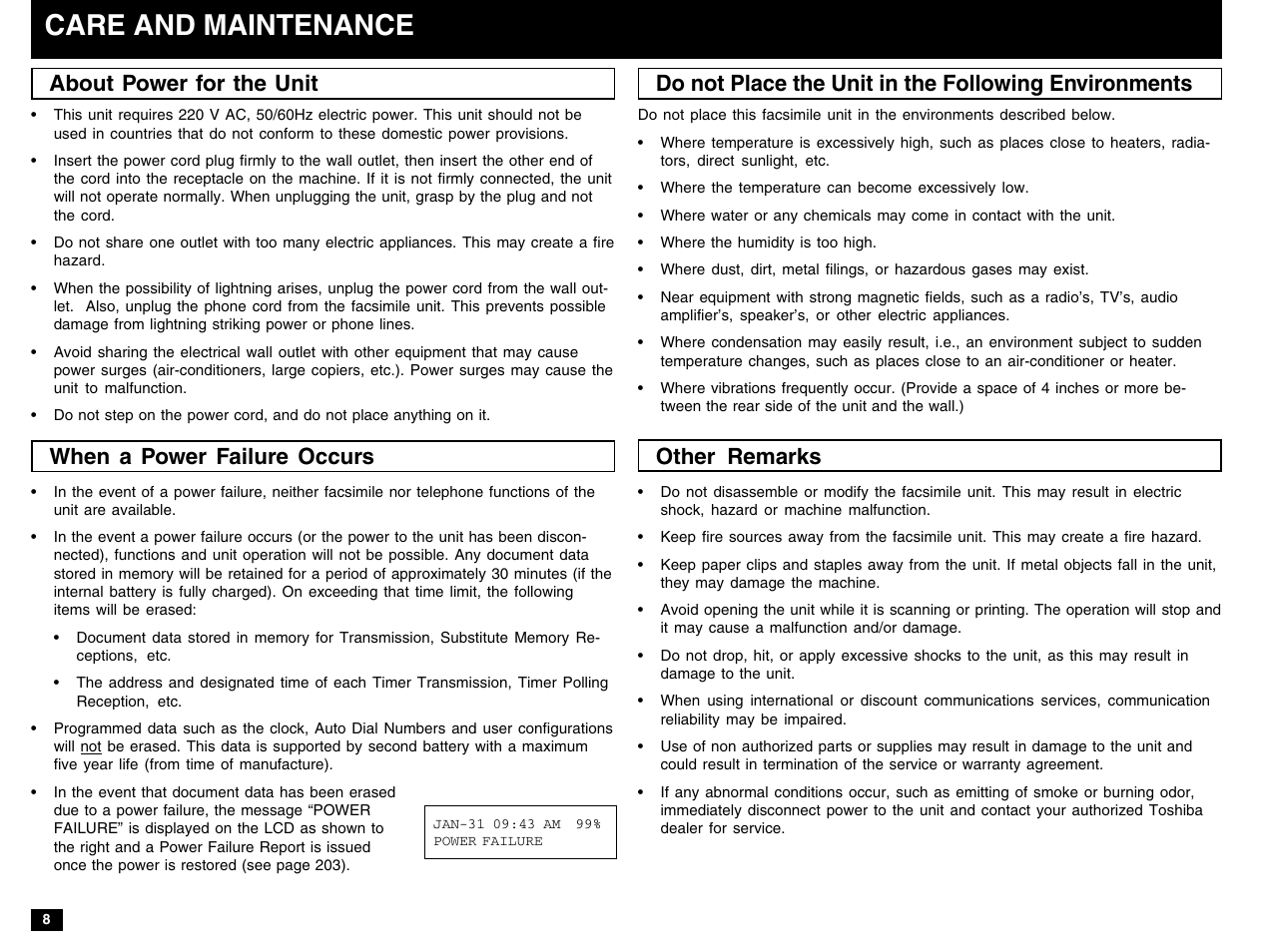 Care and maintenance, About power for the unit, Other remarks | When a power failure occurs | Toshiba e-STUDIO 170F User Manual | Page 10 / 244