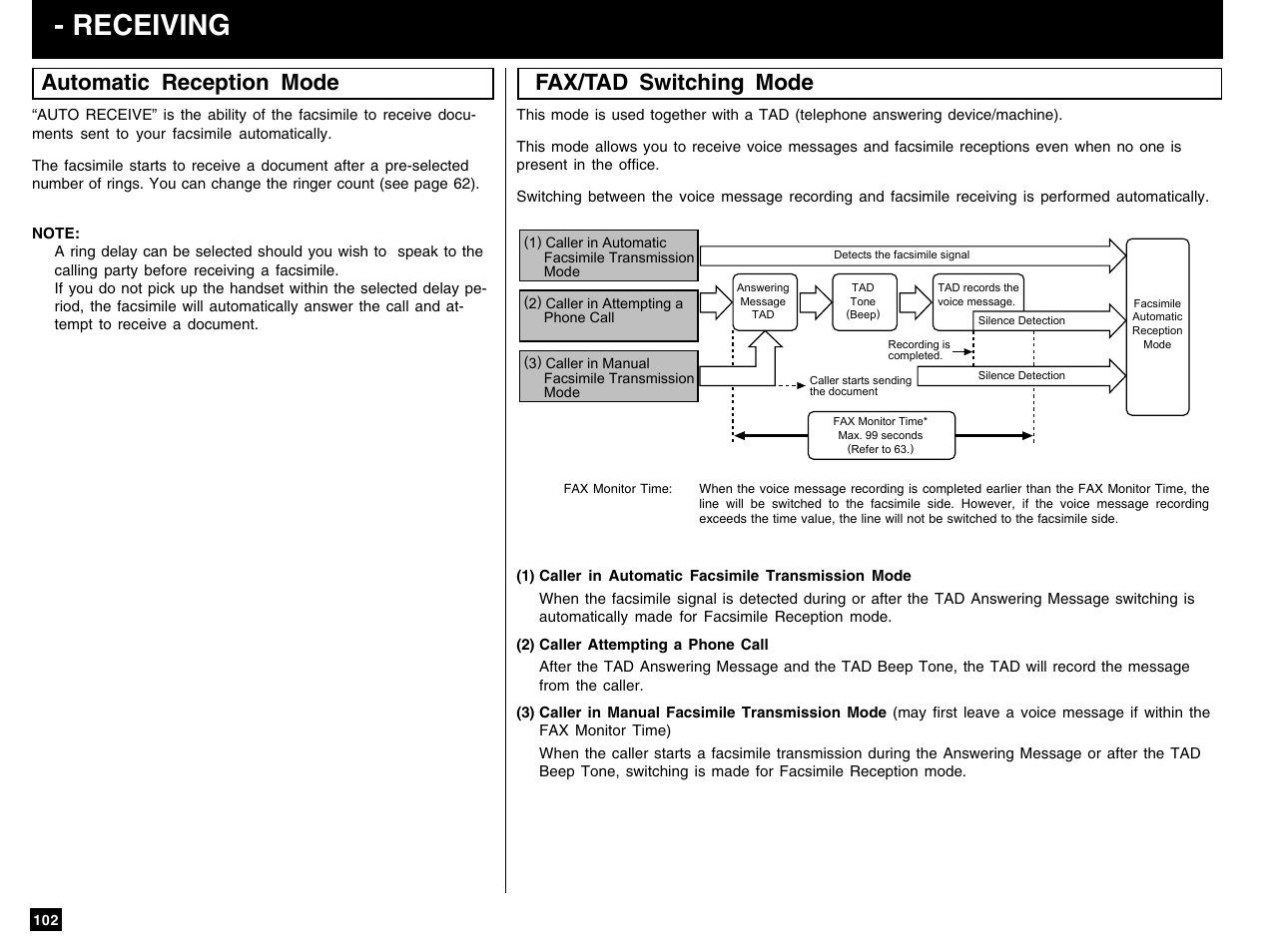 Receiving, Fax/tad switching mode automatic reception mode | Toshiba e-STUDIO 170F User Manual | Page 104 / 244