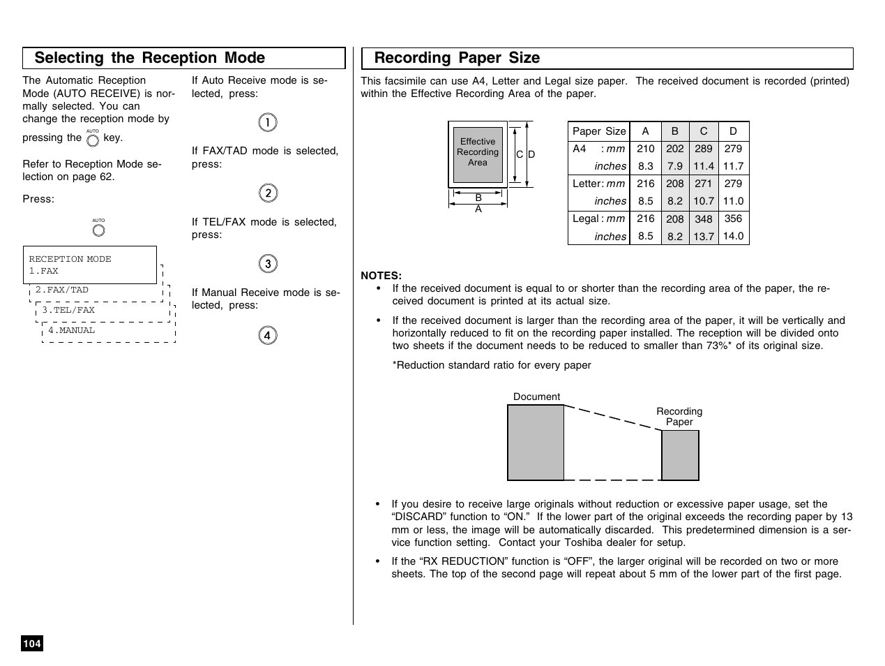 Selecting the reception mode recording paper size | Toshiba e-STUDIO 170F User Manual | Page 106 / 244