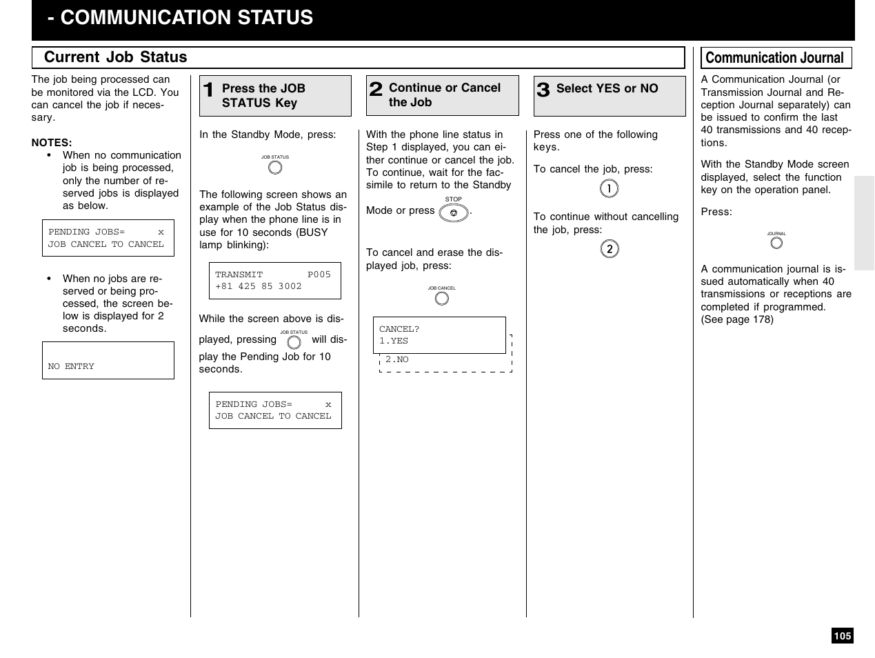 Communication status, Communication journal current job status | Toshiba e-STUDIO 170F User Manual | Page 107 / 244