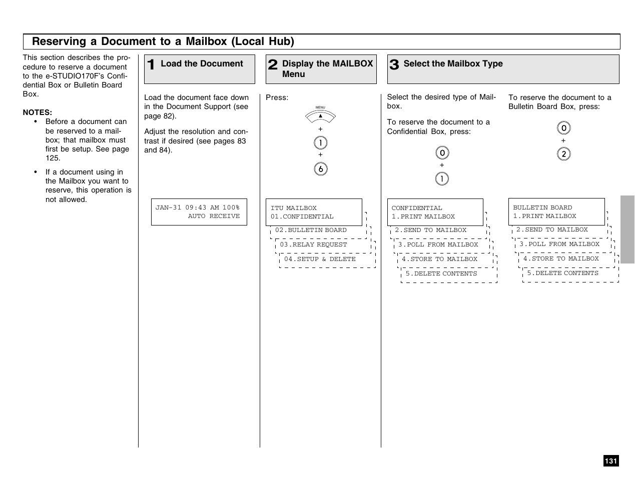 Reserving a document to a mailbox (local hub) | Toshiba e-STUDIO 170F User Manual | Page 133 / 244