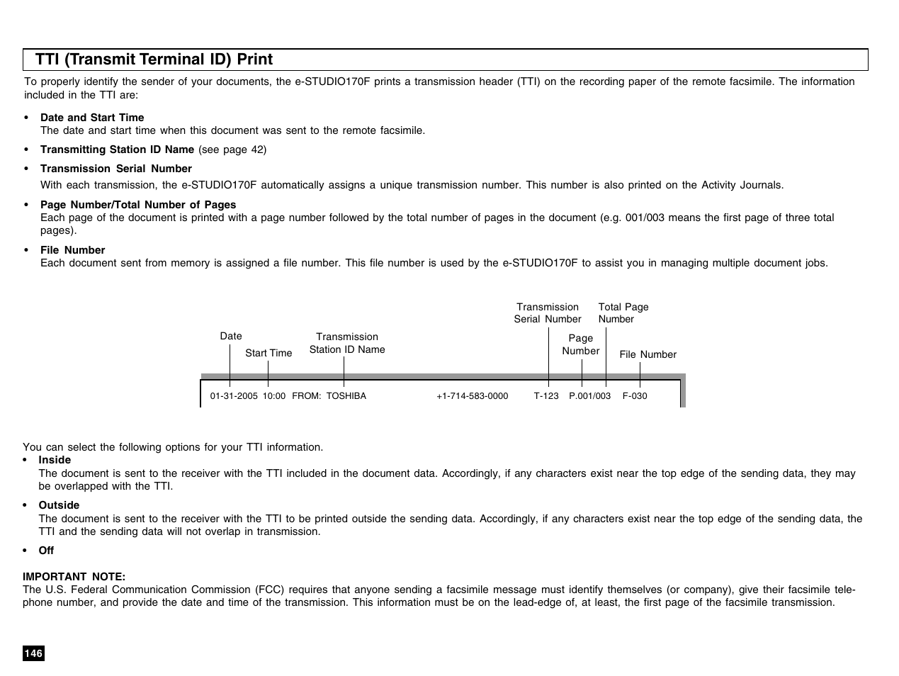 Tti (transmit terminal id) print | Toshiba e-STUDIO 170F User Manual | Page 148 / 244