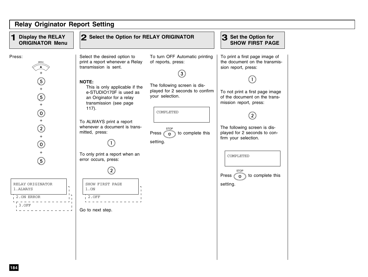 Relay originator report setting | Toshiba e-STUDIO 170F User Manual | Page 186 / 244