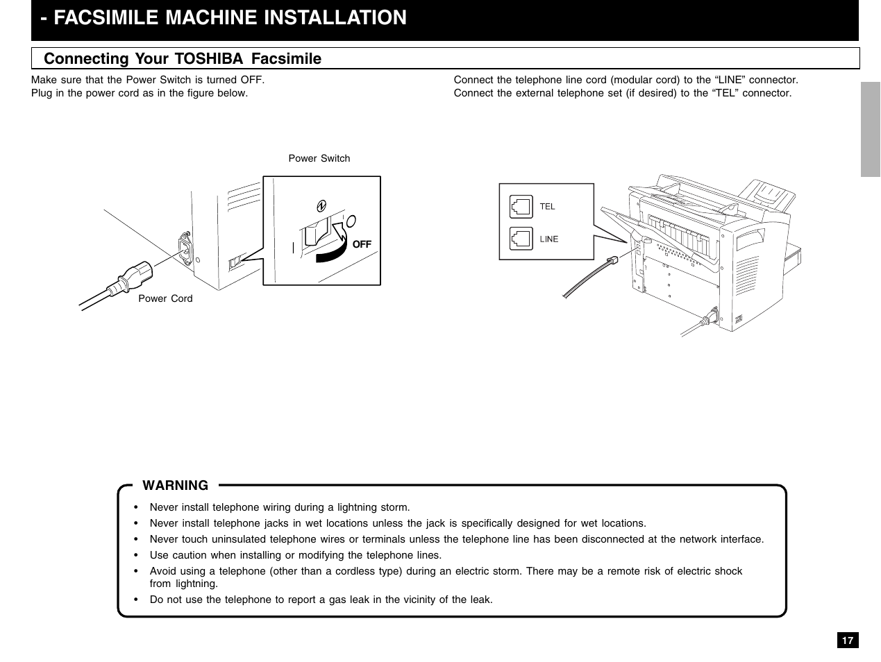 Facsimile machine installation, Connecting your toshiba facsimile | Toshiba e-STUDIO 170F User Manual | Page 19 / 244