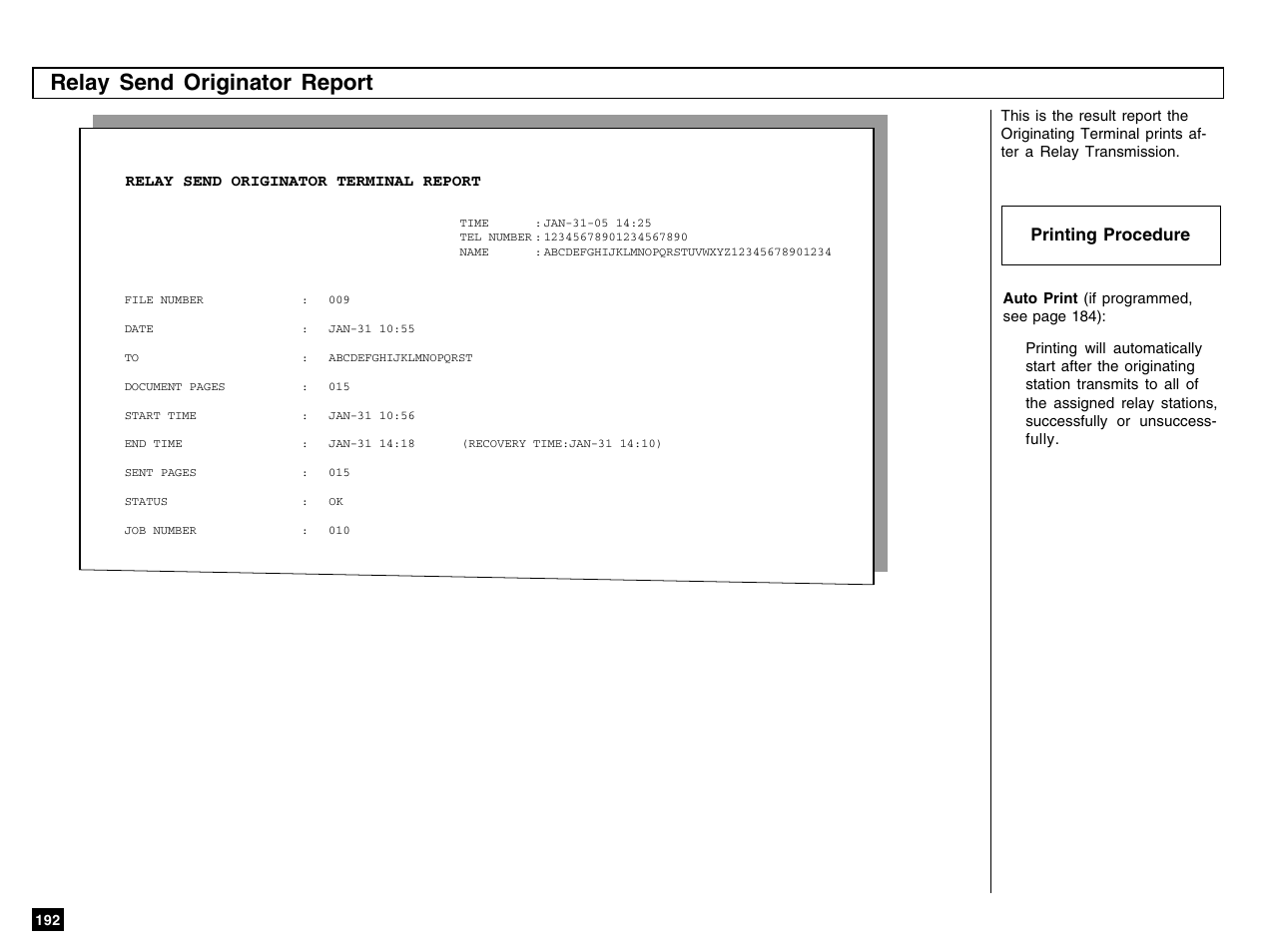 Relay send originator report, Printing procedure | Toshiba e-STUDIO 170F User Manual | Page 194 / 244