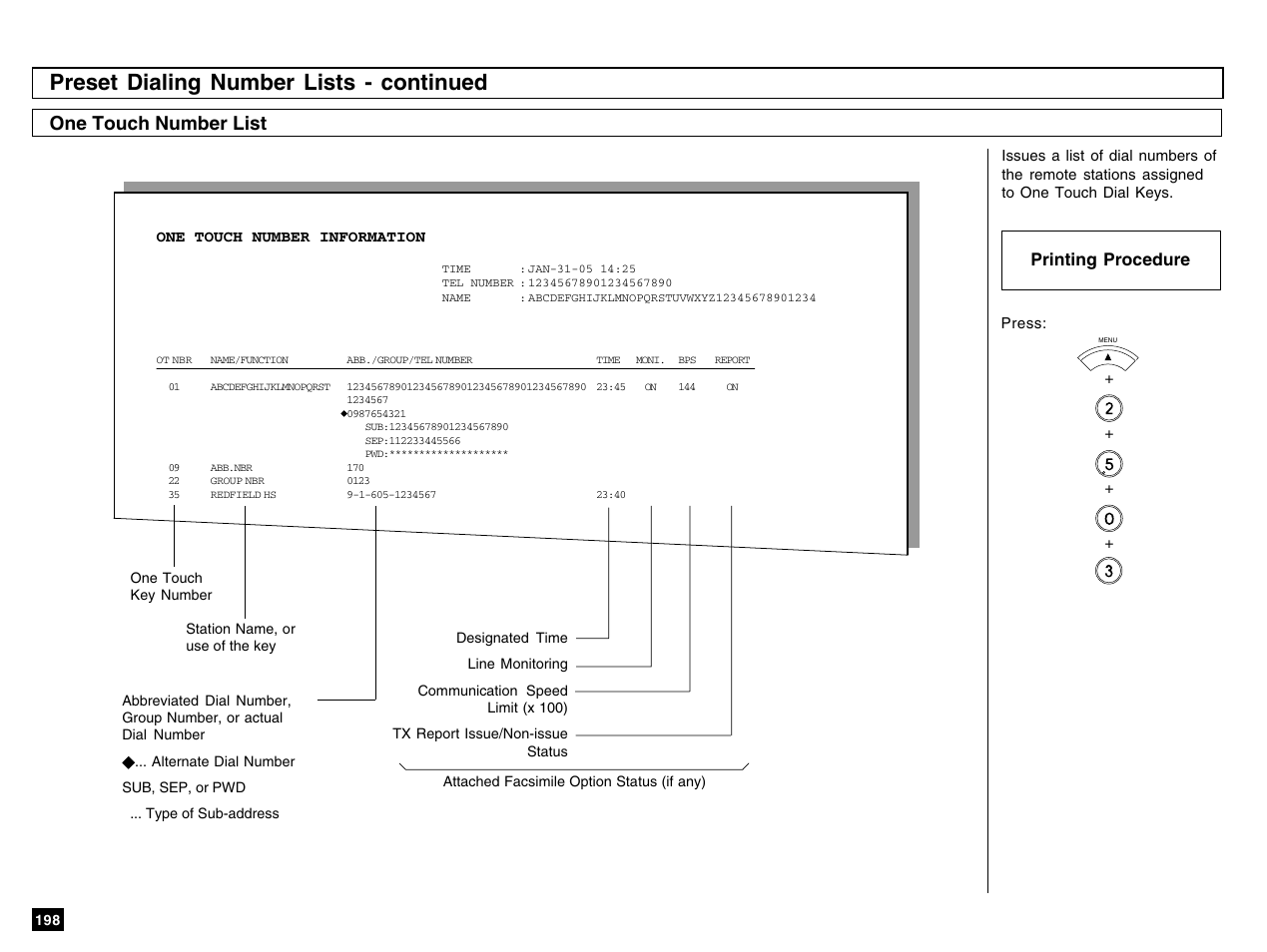 Preset dialing number lists - continued, One touch number list, Printing procedure | Toshiba e-STUDIO 170F User Manual | Page 200 / 244