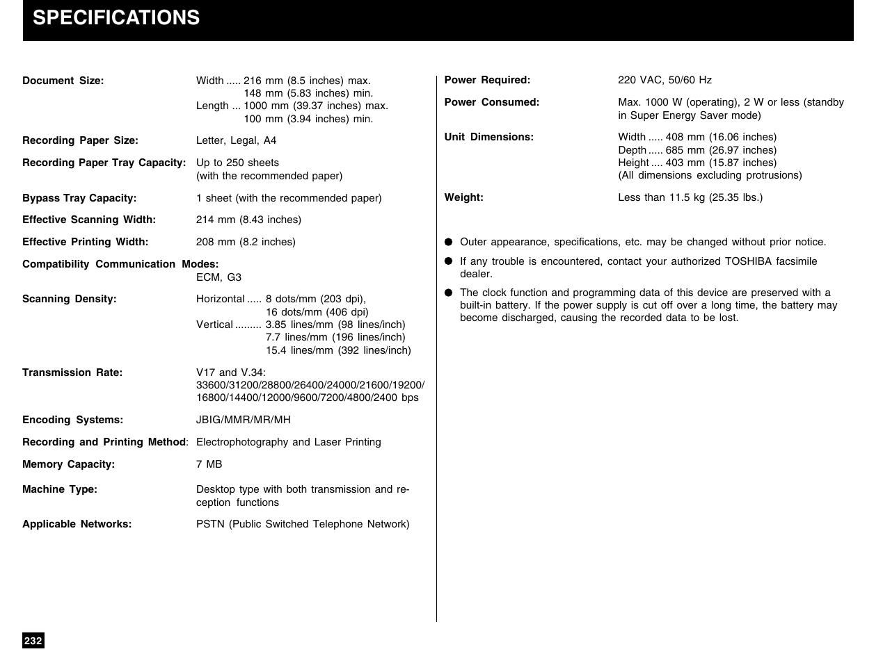 Specifications | Toshiba e-STUDIO 170F User Manual | Page 234 / 244