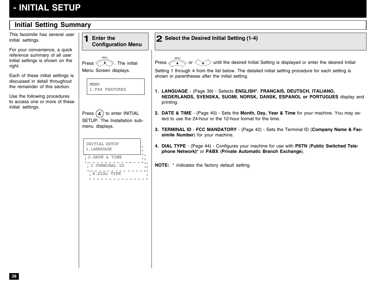 Initial setup, Initial setting summary | Toshiba e-STUDIO 170F User Manual | Page 40 / 244