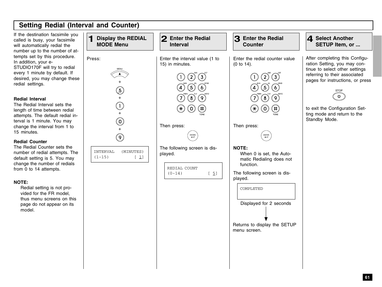 Setting redial (interval and counter) | Toshiba e-STUDIO 170F User Manual | Page 63 / 244