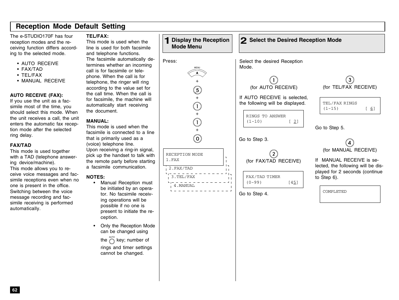 Reception mode default setting | Toshiba e-STUDIO 170F User Manual | Page 64 / 244