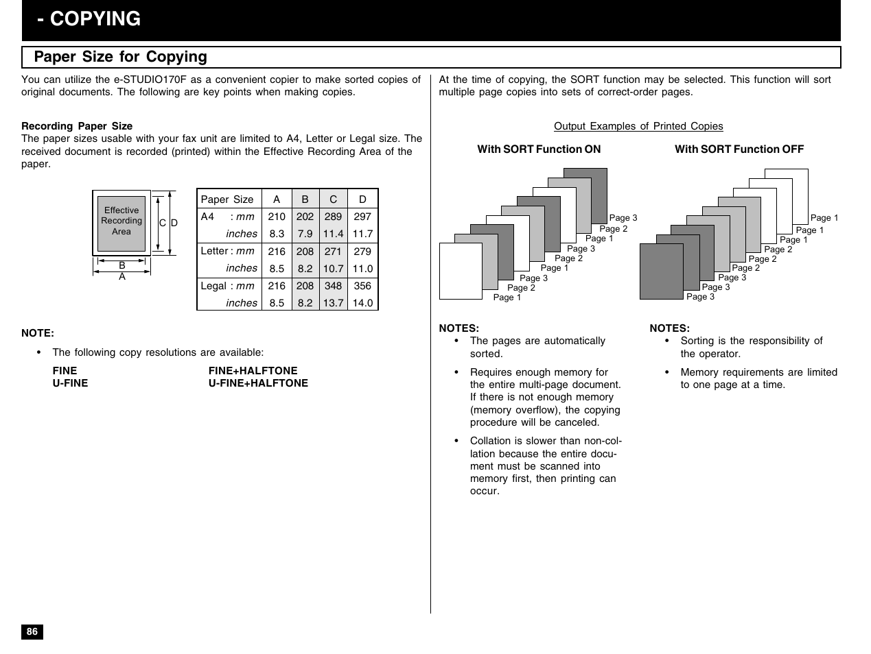 Copying, Paper size for copying | Toshiba e-STUDIO 170F User Manual | Page 88 / 244