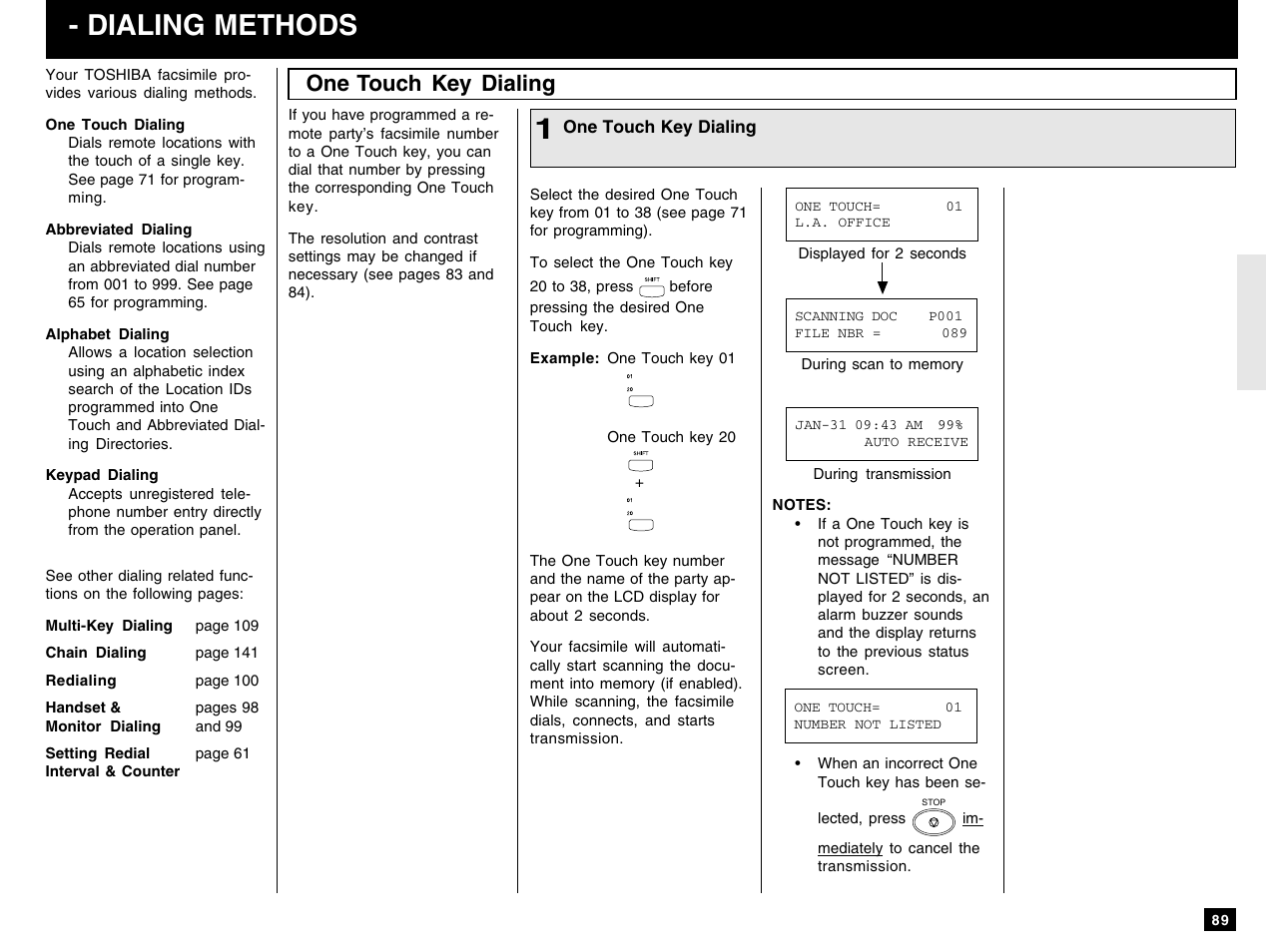 Dialing methods, One touch key dialing | Toshiba e-STUDIO 170F User Manual | Page 91 / 244