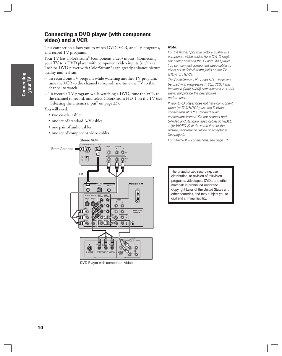 Dvd player with component video and a vcr | Toshiba 34HFX83 User Manual | Page 10 / 64