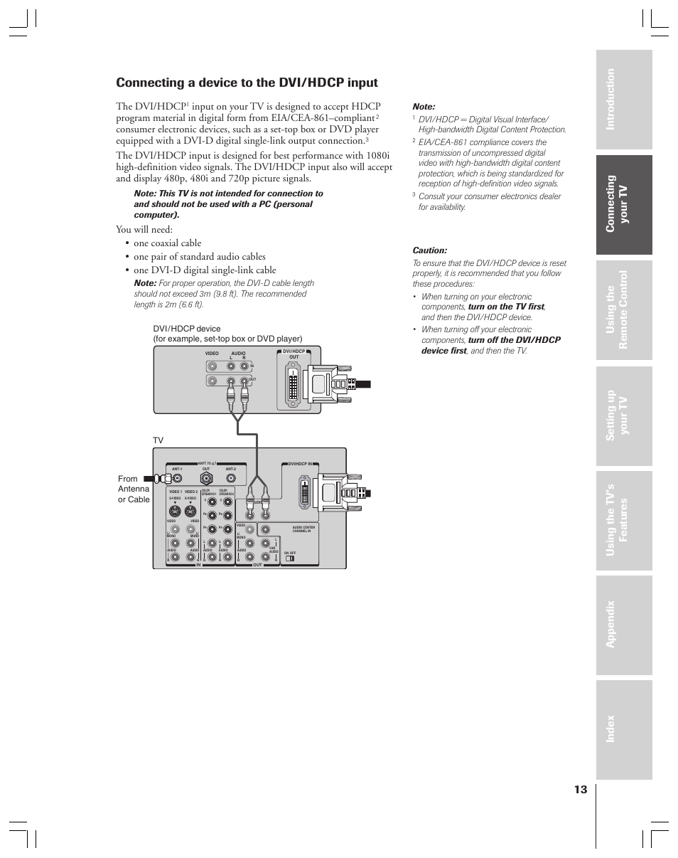 A device to the dvi/hdcp input, Connecting a device to the dvi/hdcp input, The dvi/hdcp | Toshiba 34HFX83 User Manual | Page 13 / 64