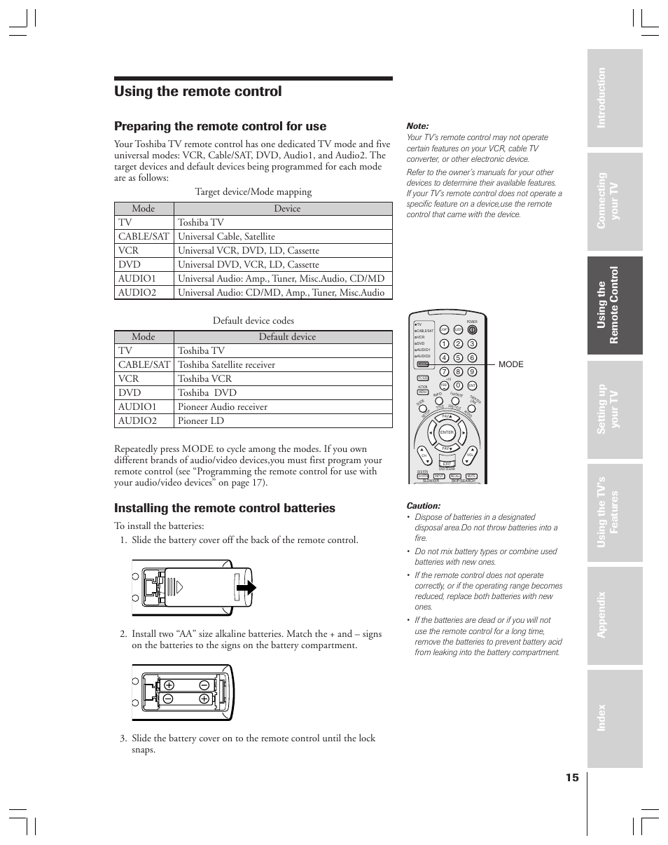 Using the remote control, Preparing for use, Preparing the remote control for use | Installing the remote control batteries | Toshiba 34HFX83 User Manual | Page 15 / 64