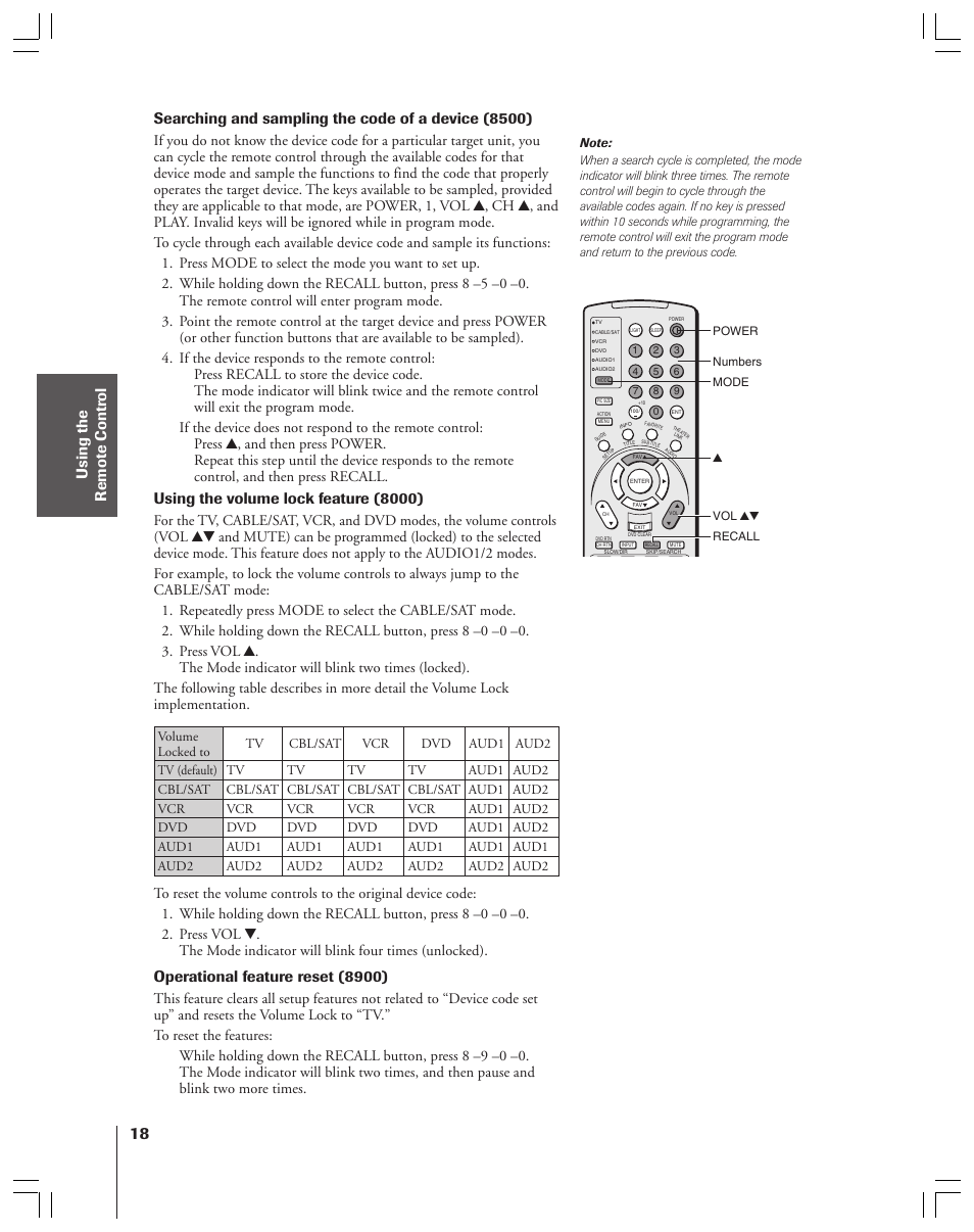 Searching and sampling the code of a device (8500), Using the volume lock feature (8000), Operational feature reset (8900) | Toshiba 34HFX83 User Manual | Page 18 / 64