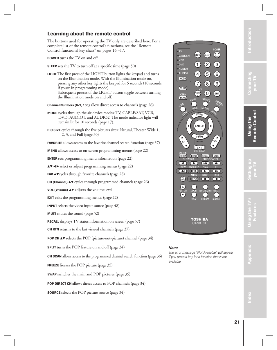 Learning about the remote control | Toshiba 34HFX83 User Manual | Page 21 / 64