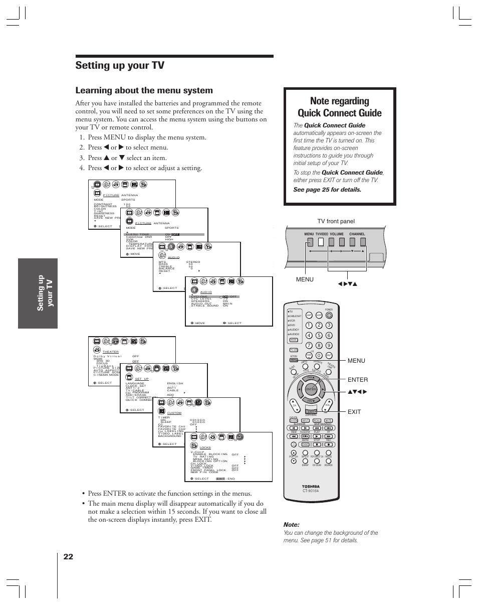Setting up your tv, Learning about the menu system, Yzx • enter menu menu x •zy tv front panel | Exit | Toshiba 34HFX83 User Manual | Page 22 / 64