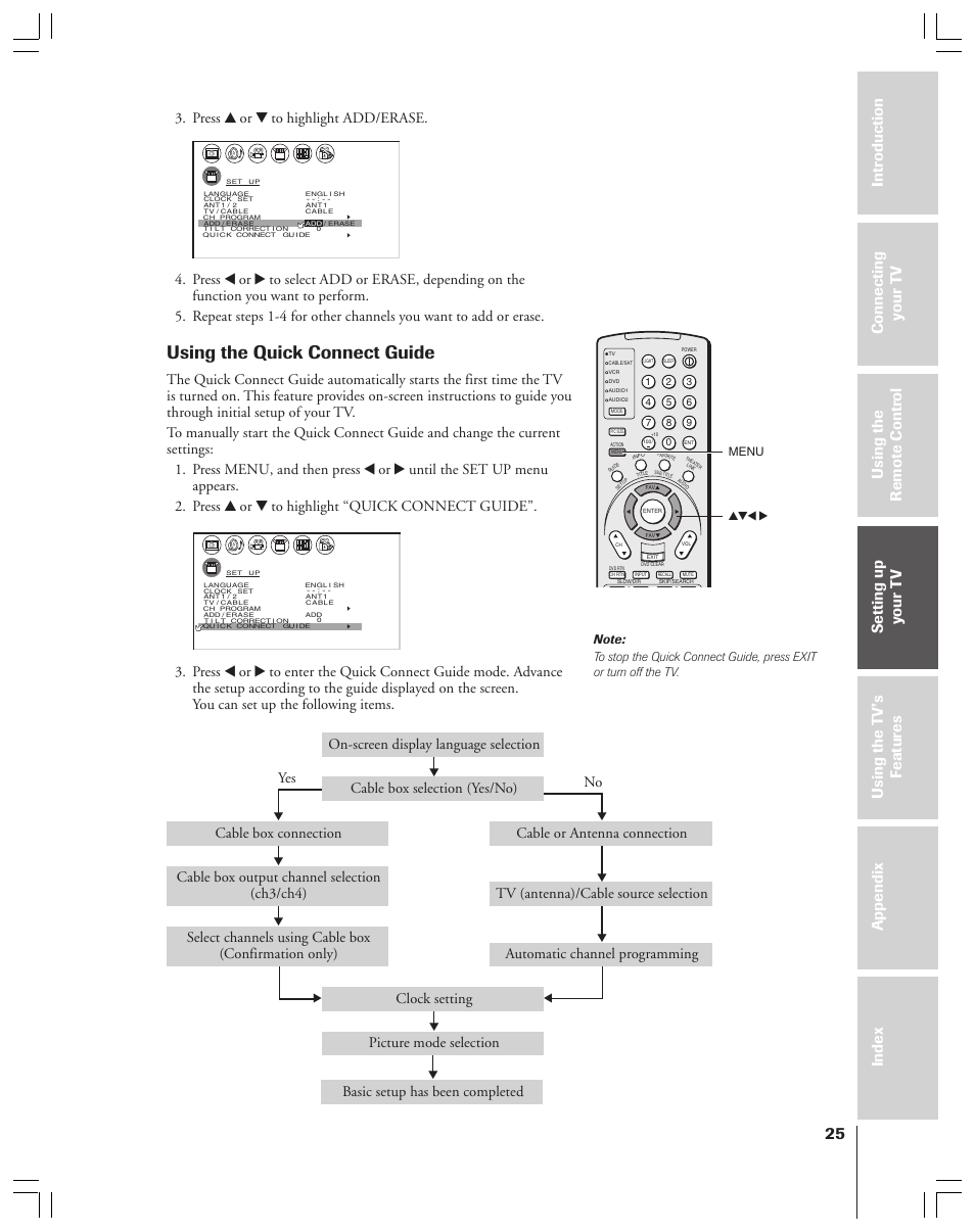 Quick connect guide, Using the quick connect guide, Press y or z to highlight add/erase | Yes no, Basic setup has been completed, Menu yzx | Toshiba 34HFX83 User Manual | Page 25 / 64