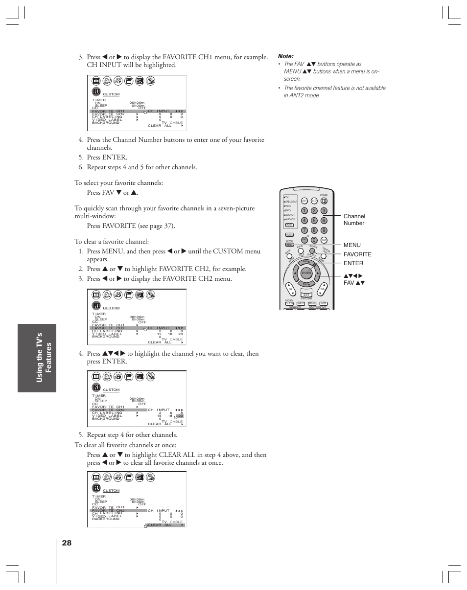 Buttons operate as menu, Channel number menu yzx • fav yz favorite enter | Toshiba 34HFX83 User Manual | Page 28 / 64