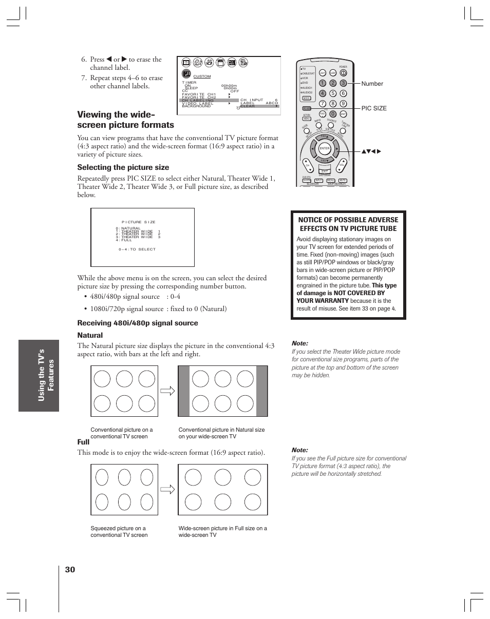 Wide screen picture formats, Viewing the wide- screen picture formats, Selecting the picture size | Yzx • pic size number | Toshiba 34HFX83 User Manual | Page 30 / 64