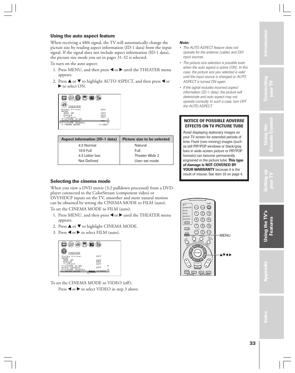 Using the auto aspect feature, Selecting the cinema mode, Yzx • menu | Toshiba 34HFX83 User Manual | Page 33 / 64