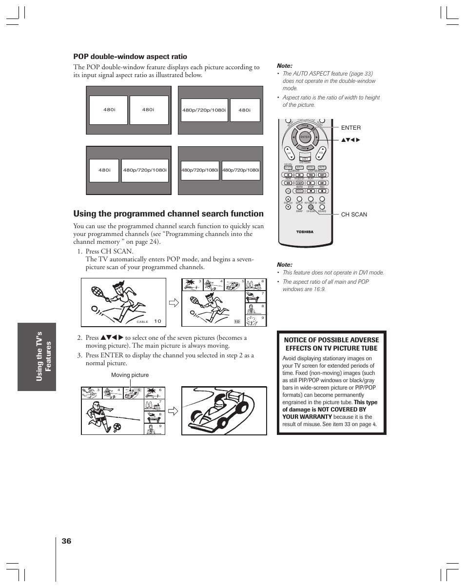 Programmed channel search, Using the programmed channel search function, Pop double-window aspect ratio | Toshiba 34HFX83 User Manual | Page 36 / 64