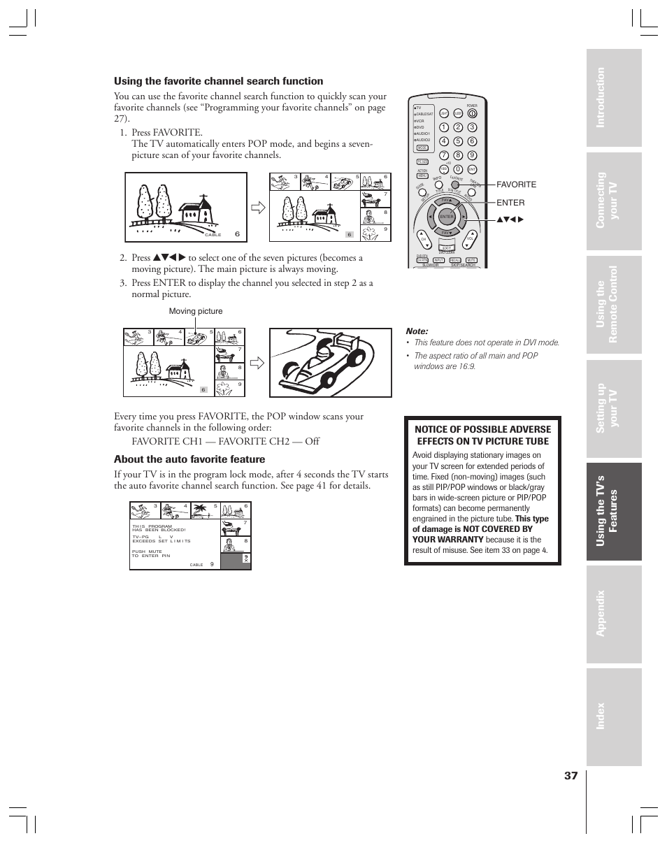 Using the favorite channel search function, About the auto favorite feature | Toshiba 34HFX83 User Manual | Page 37 / 64