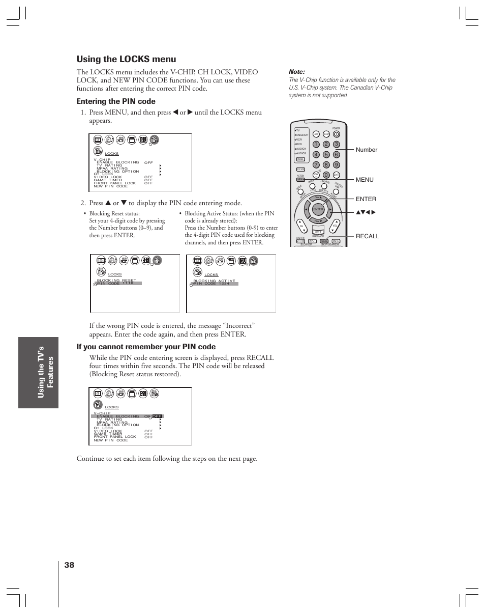 Locks menu, Using the locks menu, Entering the pin code | If you cannot remember your pin code, Press y or z to display the pin code entering mode, Yzx • recall number menu enter | Toshiba 34HFX83 User Manual | Page 38 / 64