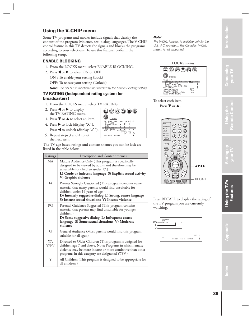 V-chip menu, Using the v-chip menu, Enable blocking | Locks menu, Yzx • recall | Toshiba 34HFX83 User Manual | Page 39 / 64