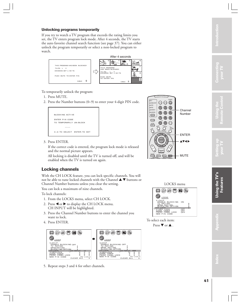 Locking channels, Unlocking programs temporarily, Locks menu | Repeat steps 3 and 4 for other channels, Enter yzx • mute after 4 seconds channel number | Toshiba 34HFX83 User Manual | Page 41 / 64