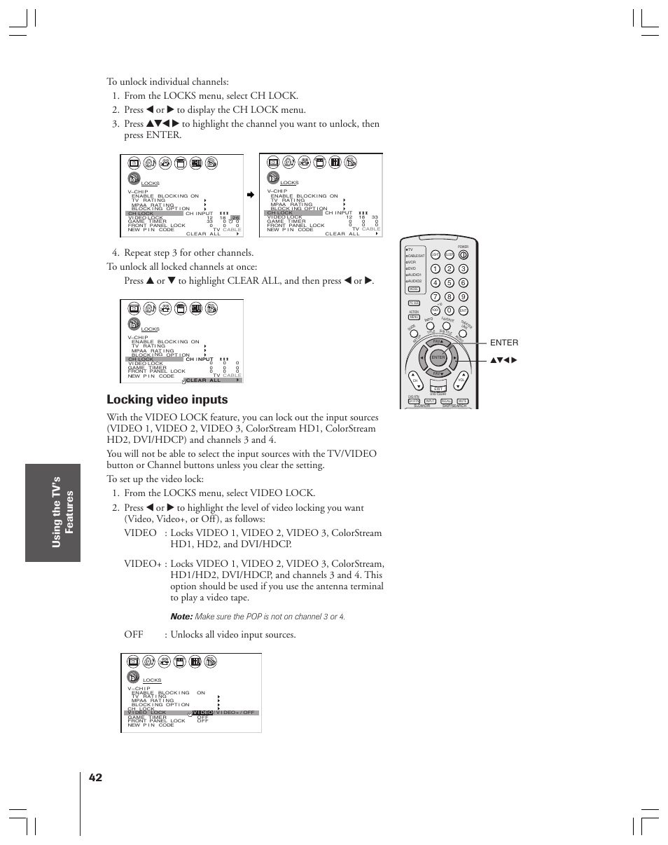 Locking video inputs, Off : unlocks all video input sources, Enter yzx | Toshiba 34HFX83 User Manual | Page 42 / 64