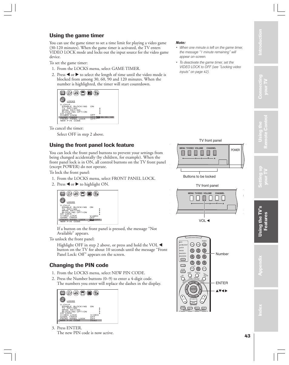 Game timer / front panel lock / changing pin code, Using the game timer, Using the front panel lock feature | Changing the pin code, Press enter. the new pin code is now active, Enter number buttons to be locked tv front panel, Vol x tv front panel, Power | Toshiba 34HFX83 User Manual | Page 43 / 64