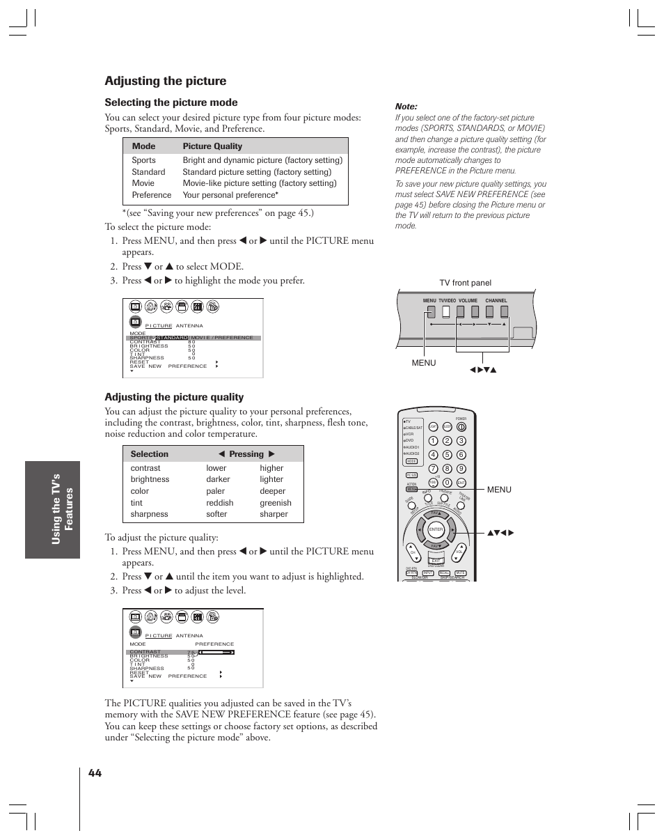 Adjusting the picture, Selecting the picture mode, Adjusting the picture quality | Menu x •zy, Menu yzx • tv front panel | Toshiba 34HFX83 User Manual | Page 44 / 64
