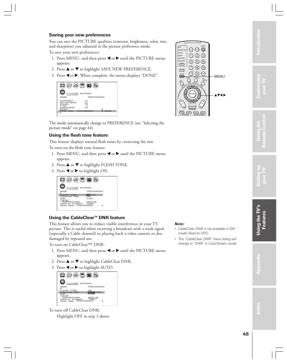 Saving your new preferences, Using the flesh tone feature, Using the cableclear™ dnr feature | Toshiba 34HFX83 User Manual | Page 45 / 64