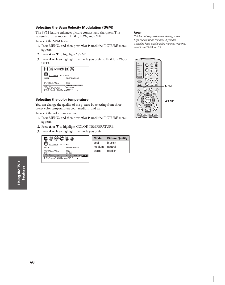 Selecting the scan velocity modulation (svm), Selecting the color temperature, Menu yzx | Toshiba 34HFX83 User Manual | Page 46 / 64