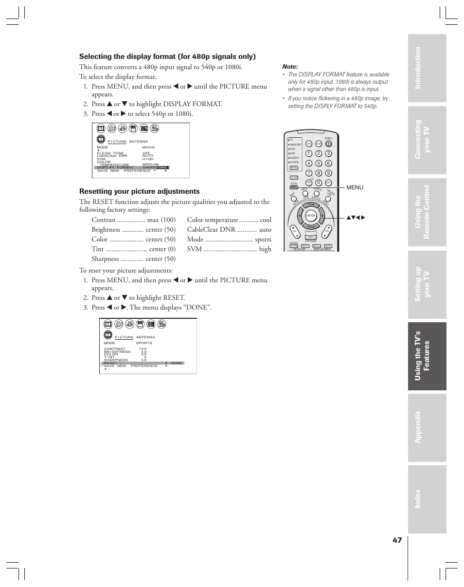 Resetting your picture adjustments, Menu yzx | Toshiba 34HFX83 User Manual | Page 47 / 64