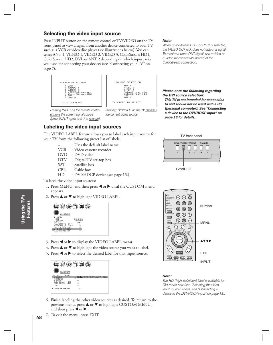 Selecting/labeling video input sources, Selecting the video input source, Labeling the video input sources | Tv/video menu yzx • exit input tv front panel, Number | Toshiba 34HFX83 User Manual | Page 48 / 64