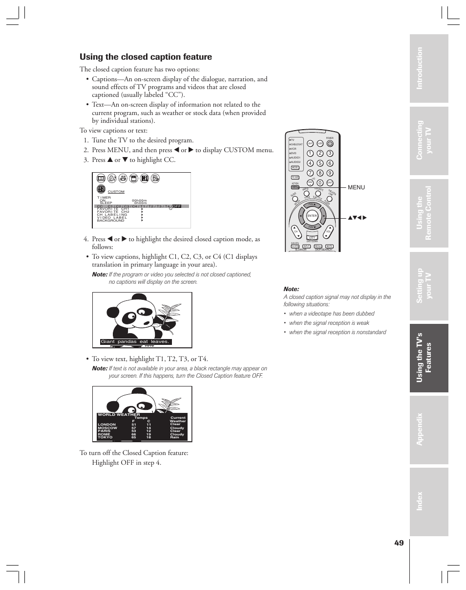 Closed caption, Using the closed caption feature, Menu yzx | Toshiba 34HFX83 User Manual | Page 49 / 64