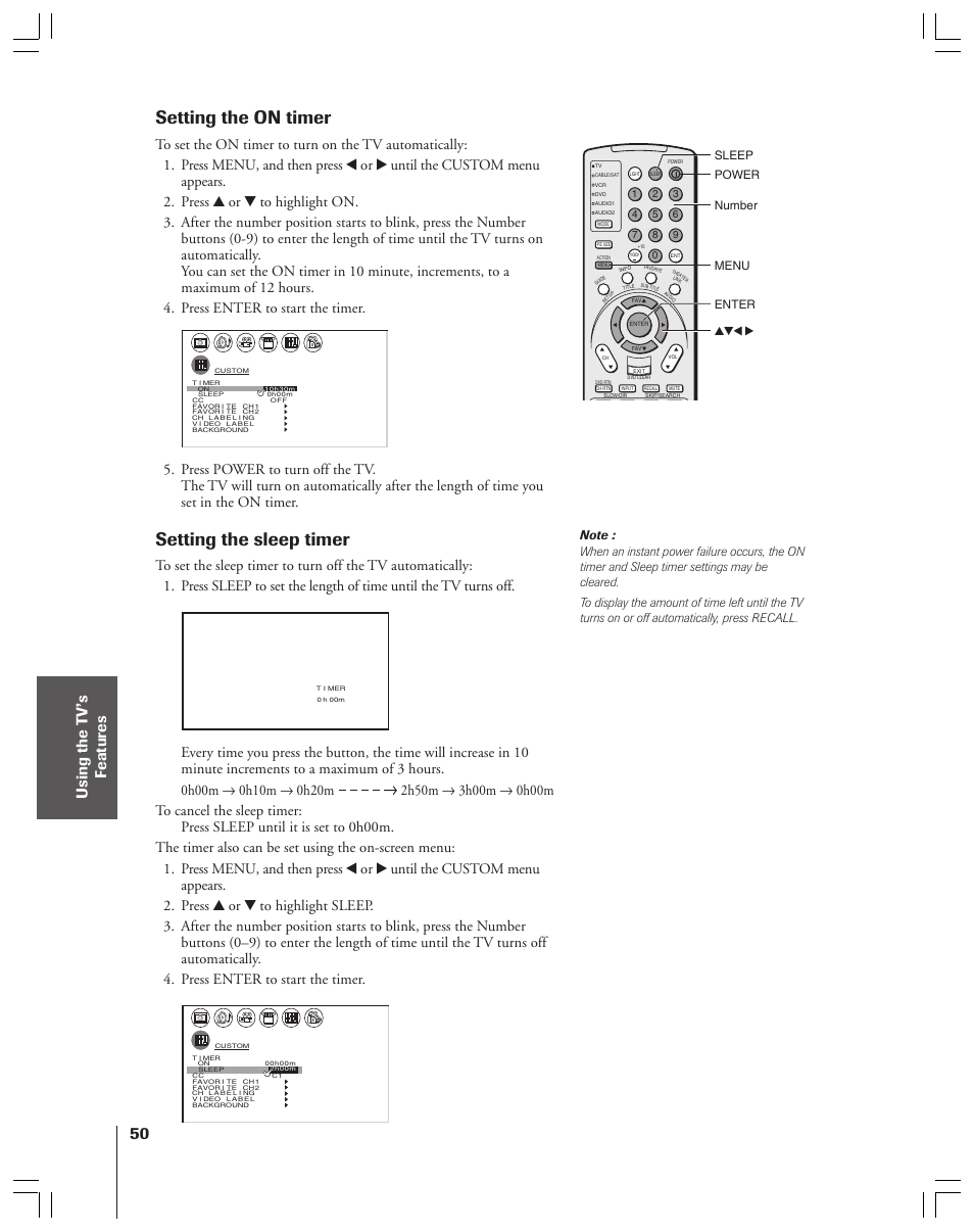 On timer / sleep timer, Setting the on timer, Setting the sleep timer | Enter power yzx • menu number sleep | Toshiba 34HFX83 User Manual | Page 50 / 64