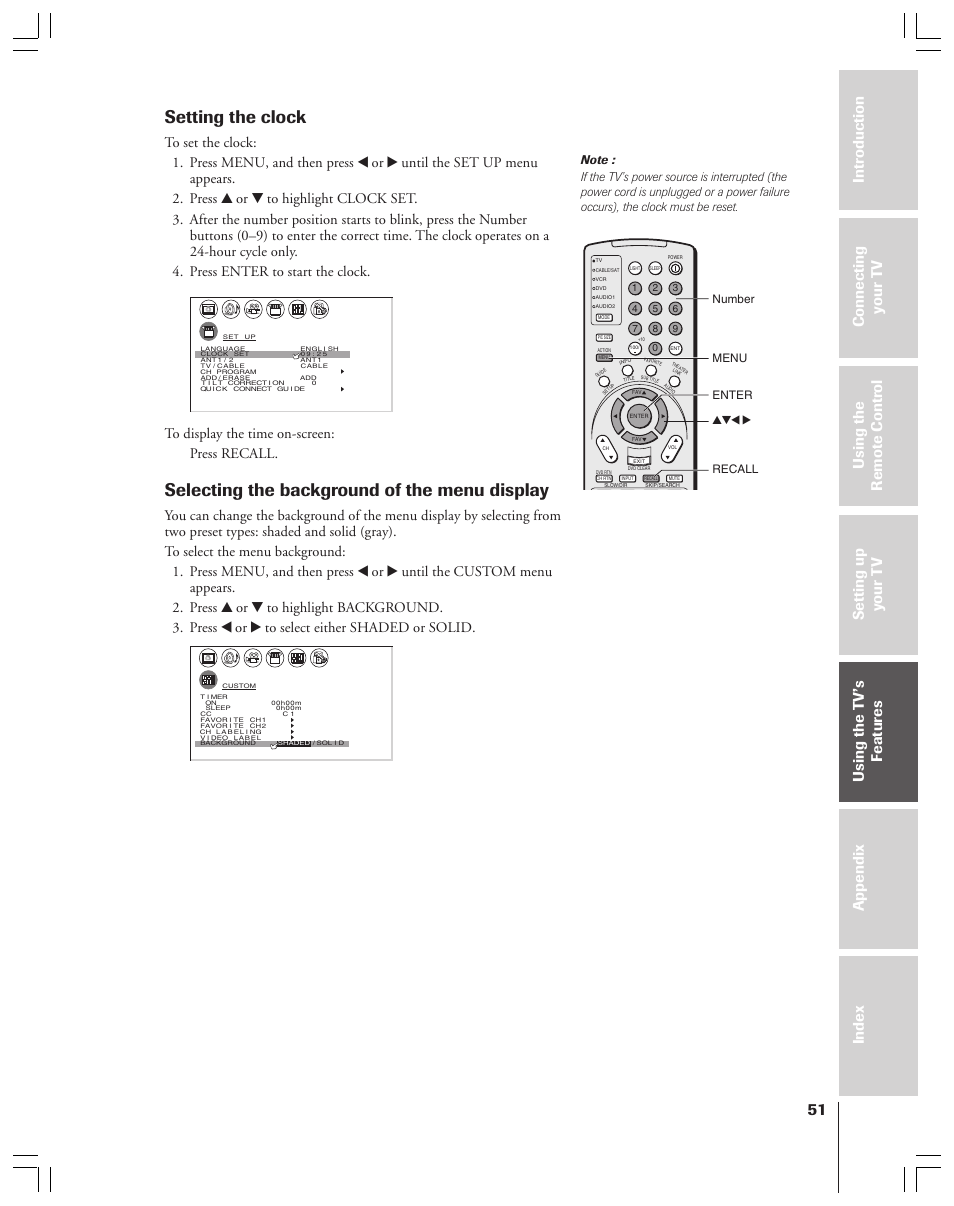 Setting the clock, Selecting the background of the menu display, Yzx • recall menu | Enter number | Toshiba 34HFX83 User Manual | Page 51 / 64