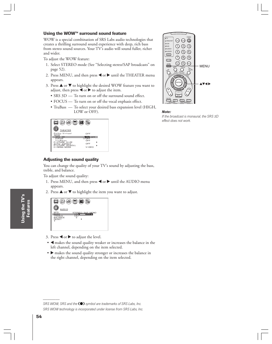 Using the wow™ surround sound feature, Adjusting the sound quality, Yzx • menu | Toshiba 34HFX83 User Manual | Page 54 / 64